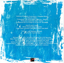 a blue and white poster with words on it