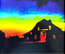 a painting of a house with a rainbow sky in the background
