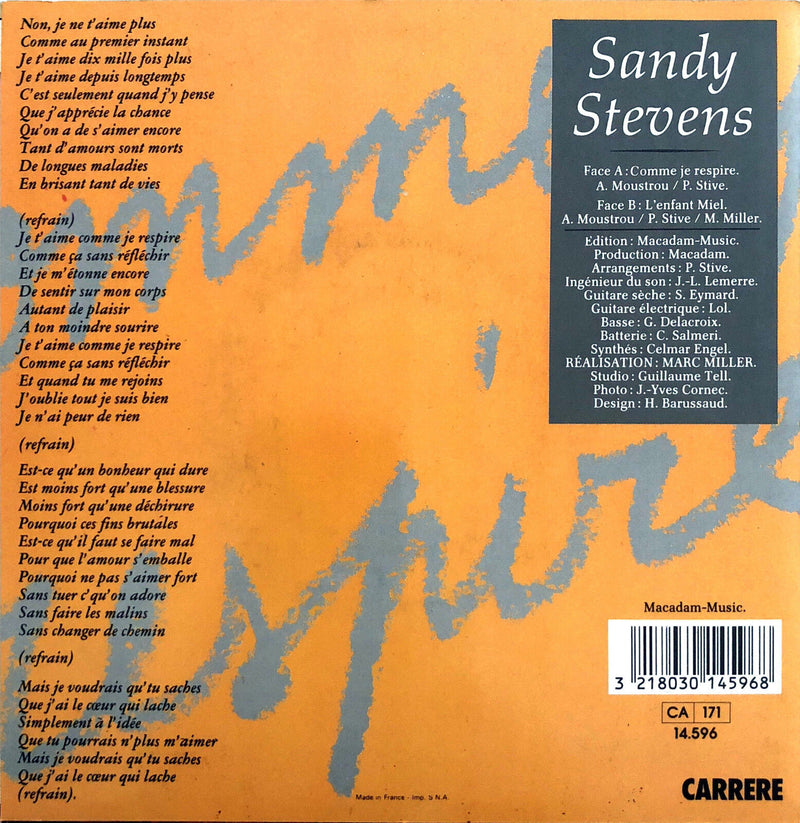 Sandy 7" Comme Je Respire - France (EX+/EX+)