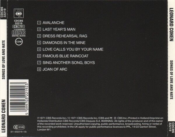Leonard Cohen ‎CD Songs Of Love And Hate - Europe (EX/VG+)