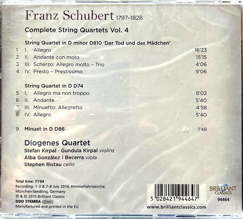 Schubert - Diogenes Quartet CD Complete String Quartets Vol. 4 (String Quartet D