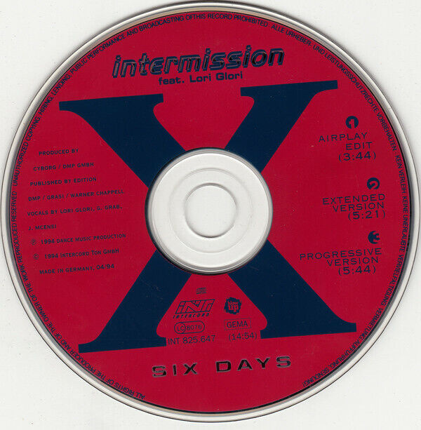 Intermission Feat. Lori Glori Maxi CD Six Days - Germany (EX/EX)