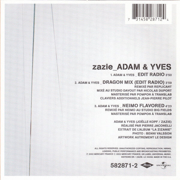 Zazie CD Single Adam & Yves - France (M/M - Scellé)
