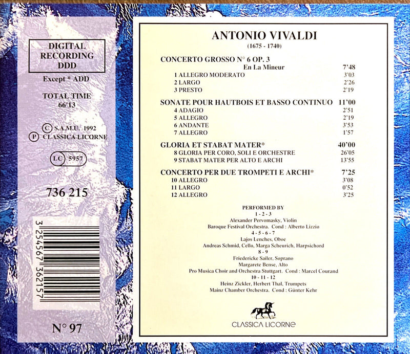 Vivaldi CD Concerto Grosso No. 6, Op. 3 & Gloria, Stabat Mater