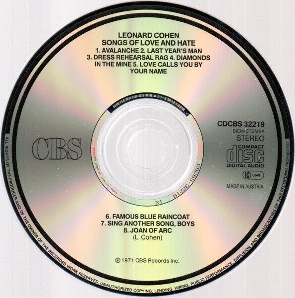 Leonard Cohen ‎CD Songs Of Love And Hate - Europe (EX/VG+)