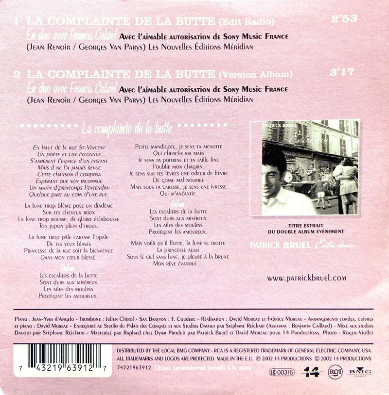 Patrick Bruel Et Francis Cabrel ‎CD Single La Complainte De La Butte - Promo