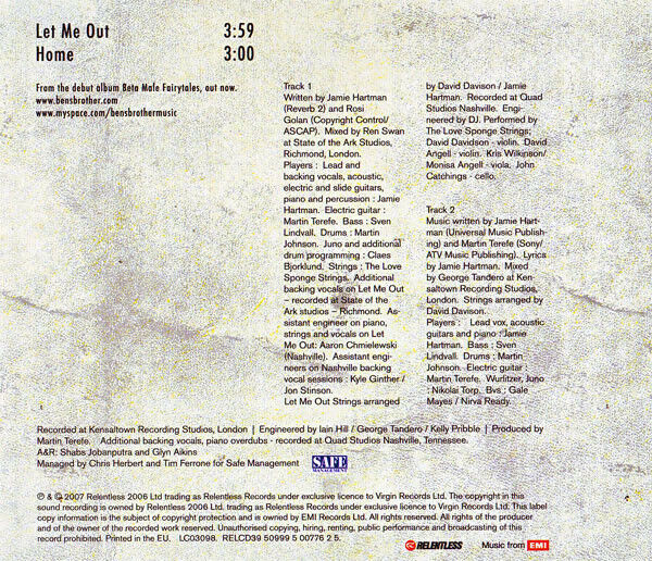 Ben's Brother ‎Maxi CD Let Me Out - Europe (M/M - Scellé)