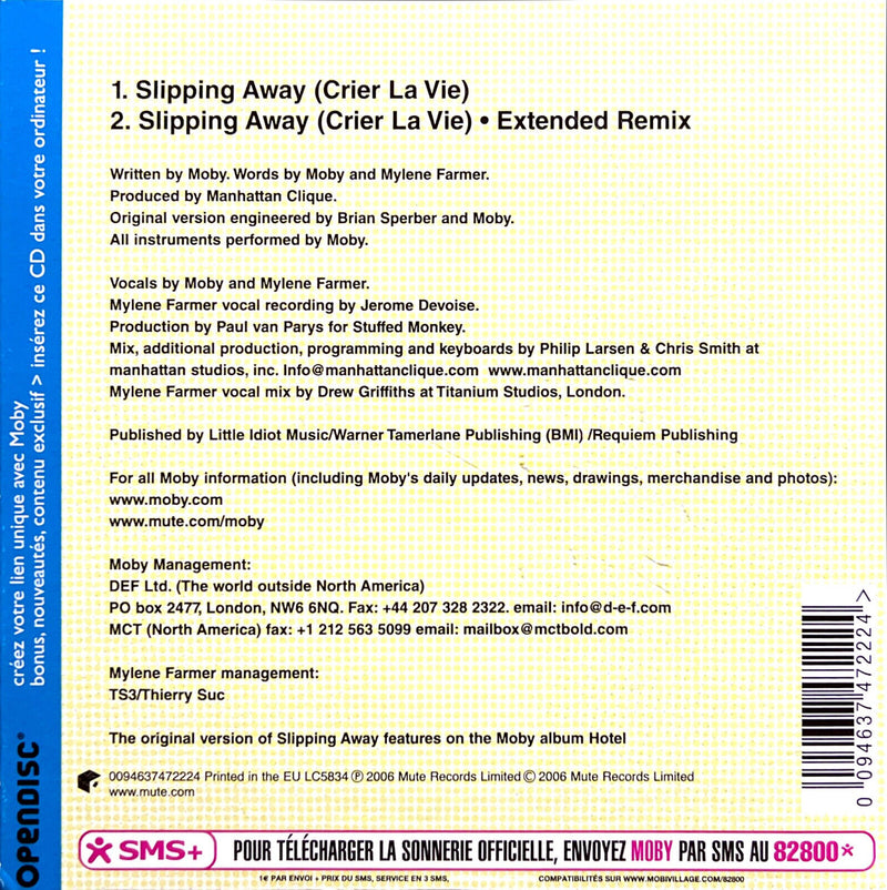 Moby, Mylène Farmer CD Single Slipping Away (Crier La Vie)