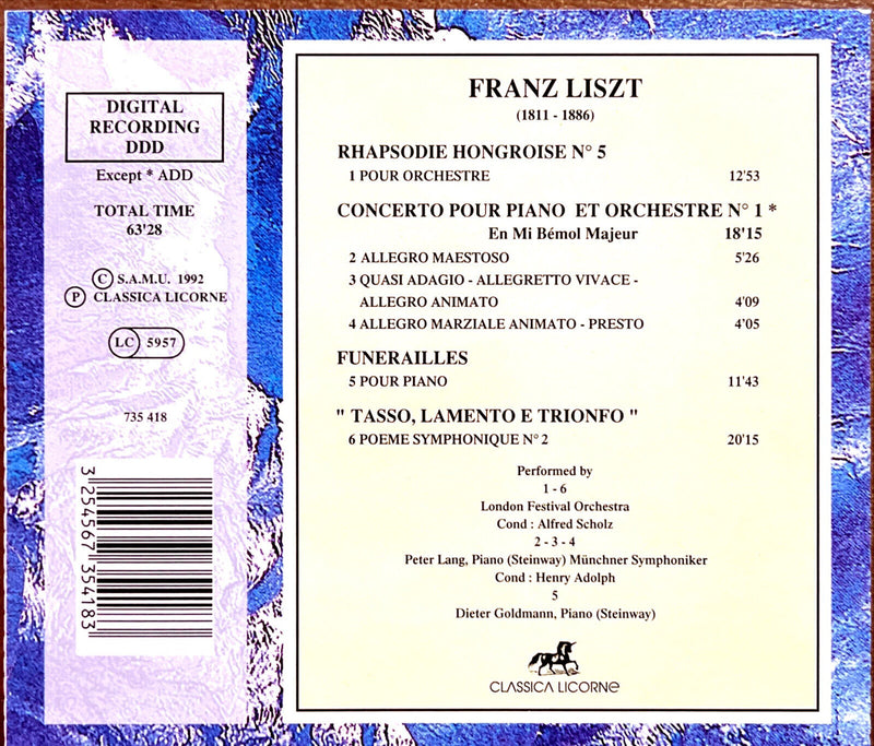 Liszt CD Concertos Pour Piano Et Orchestre N°1 - Rapsodie Hongroise - Funéraille