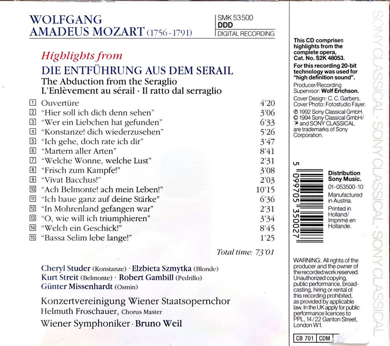 Wolfgang Amadeus Mozart CD Die Entfuhrung aus dem Serail "Highlights" - Europe