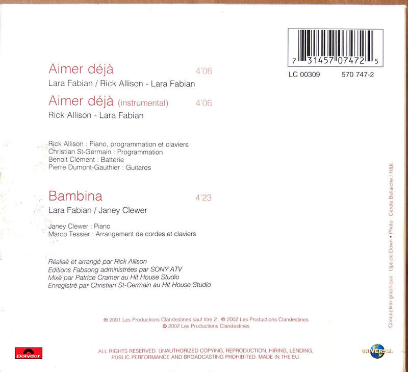 Lara Fabian CD Single Aimer Déjà - Limited Edition, Digipak