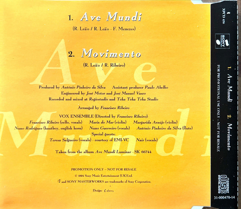 Rodrigo Leão & Vox Ensemble CD Single Ave Mundi - Promo
