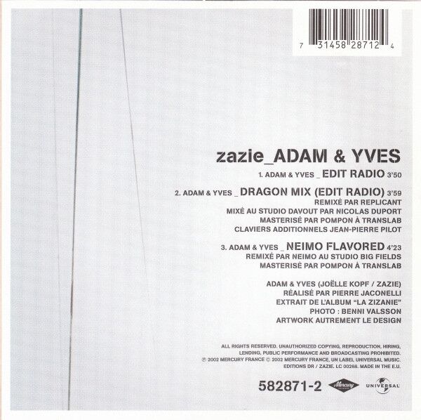 Zazie CD Single Adam & Yves - France (VG+/VG+)