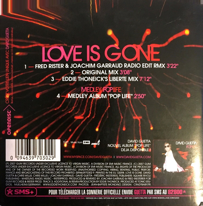 David Guetta & Chris Willis Maxi CD Love Is Gone - France (VG+/VG)