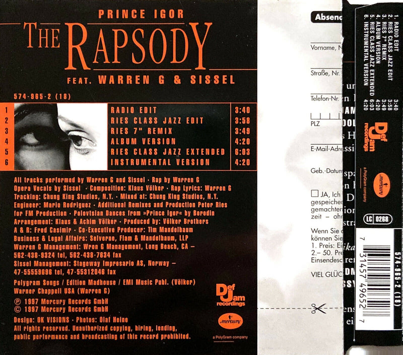 The Rapsody Feat. Warren G & Sissel ‎Maxi CD Prince Igor - Europe (M/EX)
