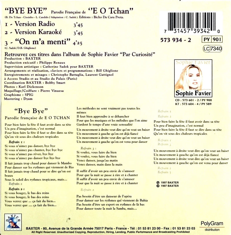 Sophie Favier CD Single "Bye Bye" Parodie Française de "E O Tchan" - France (EX