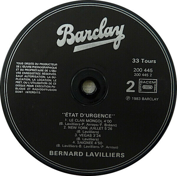 Bernard Lavilliers LP État D'Urgence - France (VG+/EX+)