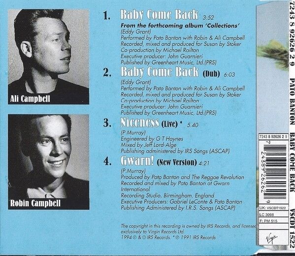 Pato Banton Featuring Ali And Robin Campbell Of UB40 Maxi CD Baby Come Back -