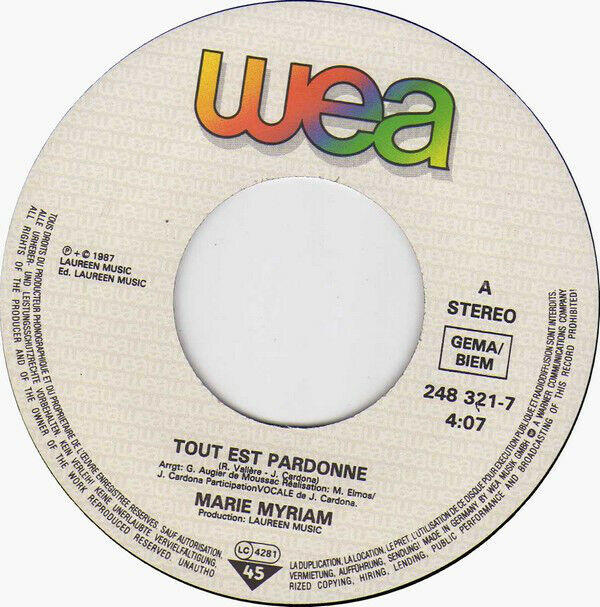 Marie Myriam 7" Tout Est Pardonné - Europe (VG+/EX)