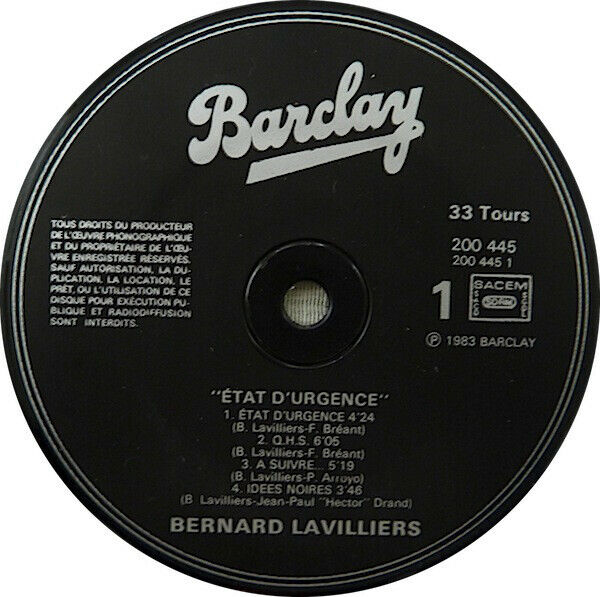 Bernard Lavilliers LP État D'Urgence - France (VG+/EX+)