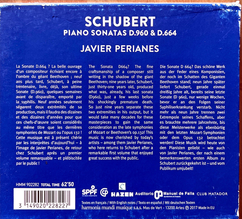 Schubert, Javier Perianes CD Piano Sonatas D. 960 & D. 664