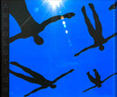 a picture of a blue sky with black silhouettes of people