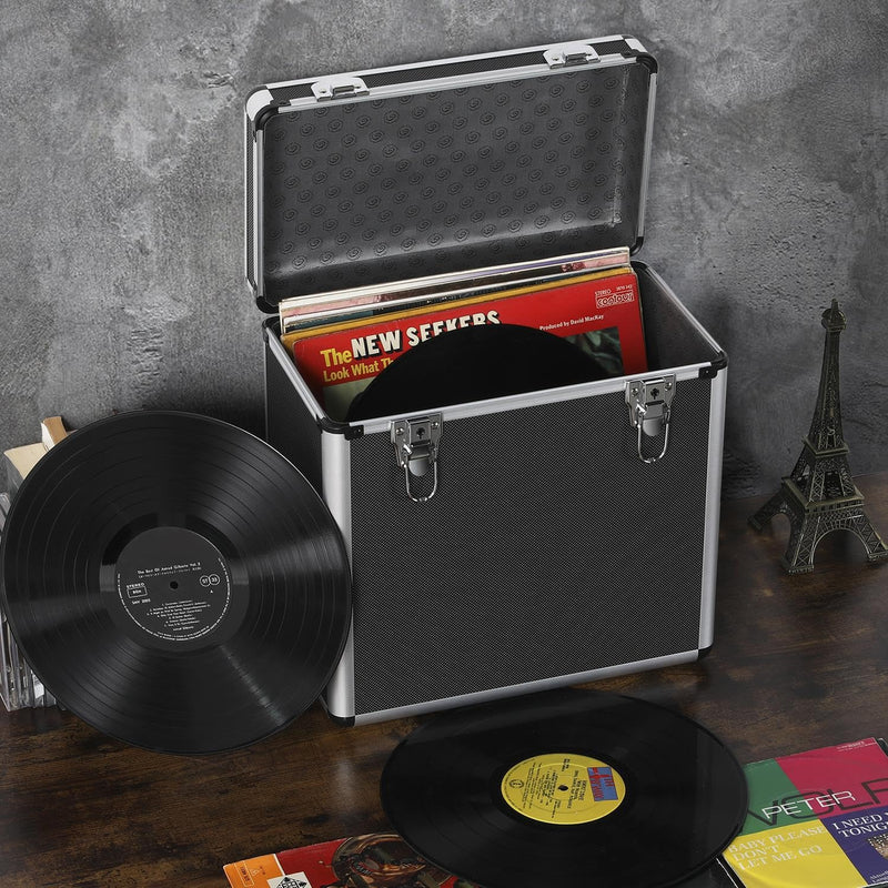 Mallette de Rangement pour 50 Disques Vinyles 33 Tours avec Fermeture à Clé - 35x20x36 cm Noir