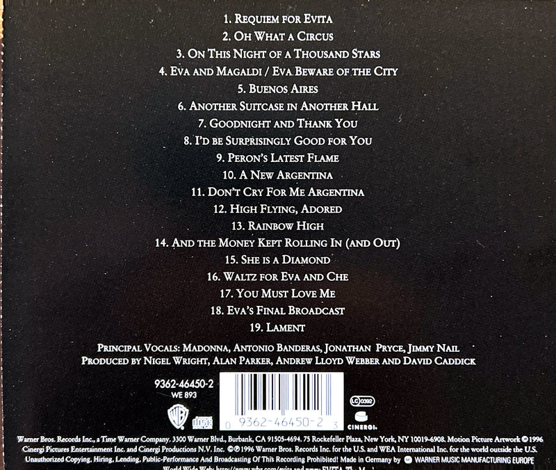 Bande Originale du Film Evita (1996) - CD de la Musique de Madonna (NM/NM)