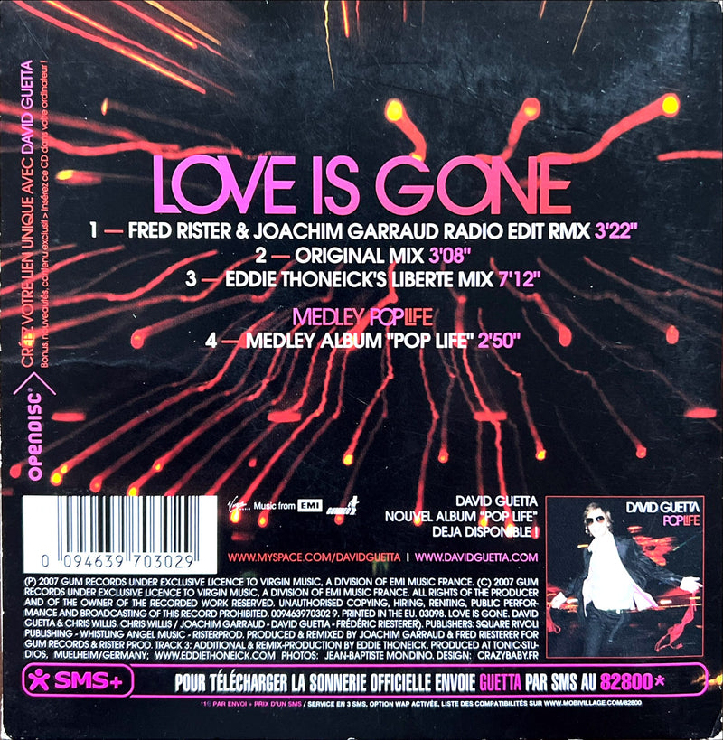 David Guetta Feat. Chris Willis - Love Is Gone (CD Single) 2007 (NM/VG+)