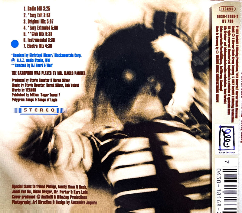 the back cover of a cd with a picture of a man in a striped shirt