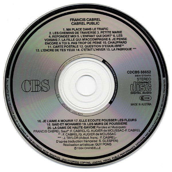 Francis Cabrel ‎CD Cabrel Public - Europe (VG/VG+)