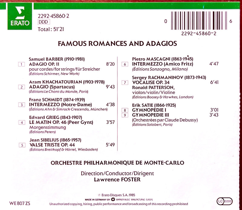 Orchestre Philharmonique De Monte-Carlo, Lawrence Foster CD Famous Romances And Adagios