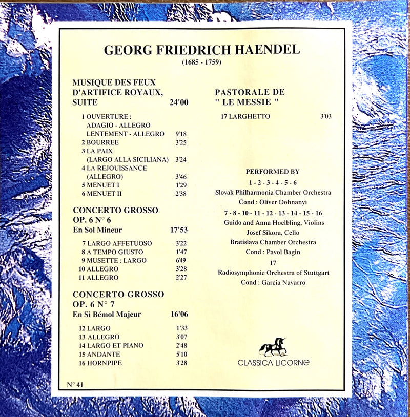 Haendel CD Musique Des Feux D'Artifice Royaux - Concerti Grossi Op.6 N°6 Et 7 - Pastorale De "Le Messie"