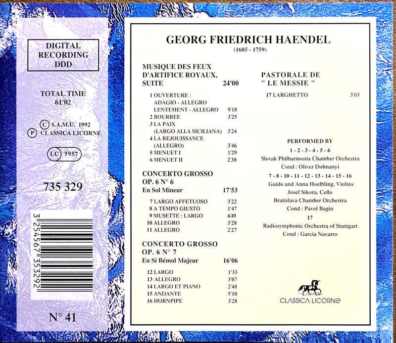 Haendel CD Musique Des Feux D'Artifice Royaux - Concerti Grossi Op.6 N°6 Et 7 - Pastorale De "Le Messie"